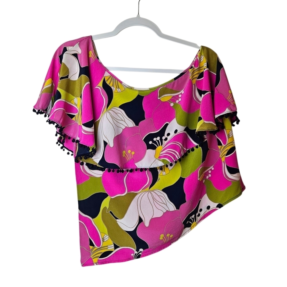 Trina Turk Kahe One Shoulder Floral Silk Top With Ruffle Overlay *Pink Spots* M - Picture 3 of 14